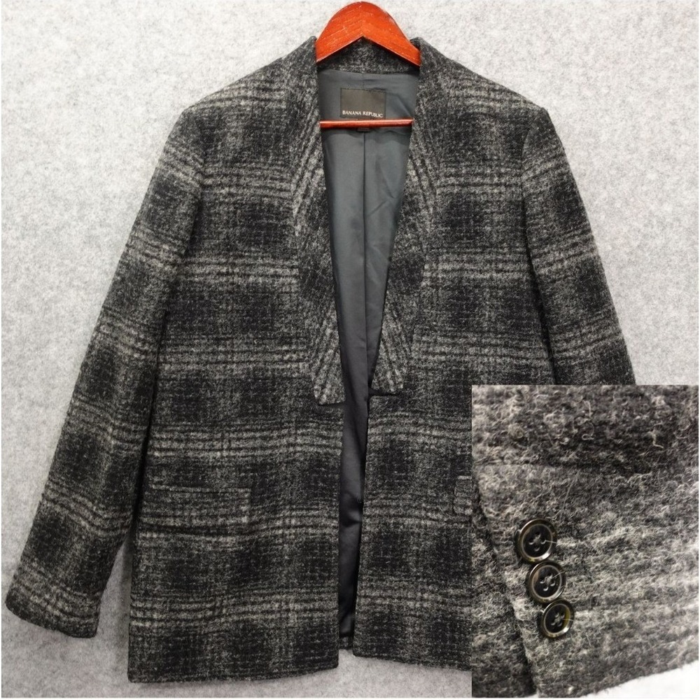 BANANA REPUBLIC Textured Plaid Wool Blazer Womens 16 XL Open Coat $198